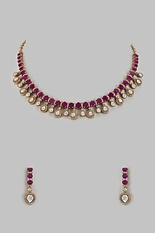 Gold Finish Kundan Polki & Ruby Stone Necklace Set