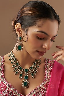 Gold Finish Kundan Polki & Emerald Stone Long Necklace Set