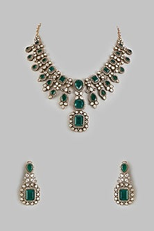 Gold Finish Kundan Polki & Emerald Stone Long Necklace Set
