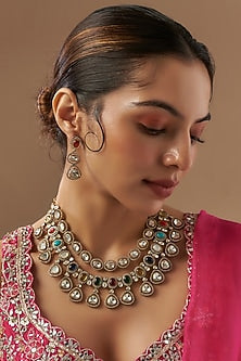 Gold Finish Kundan Polki & Multi-Colored Stone Necklace Set