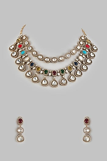 Gold Finish Kundan Polki & Multi-Colored Stone Necklace Set