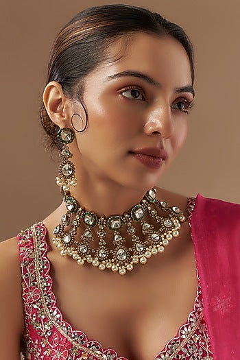 Gold Finish Kundan Polki & Emerald Stone Necklace Set