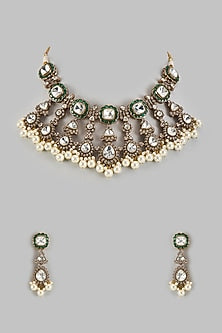 Gold Finish Kundan Polki & Emerald Stone Necklace Set