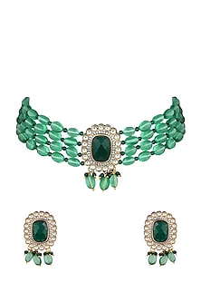 Gold Finish Kundan Polki & Green Beaded Choker Necklace Set