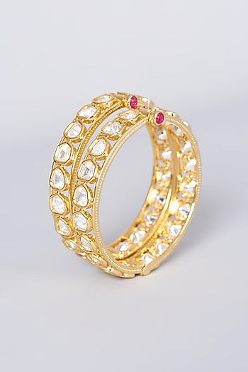 Gold Finish Kundan Polki Openable Bangles (Set of 2)