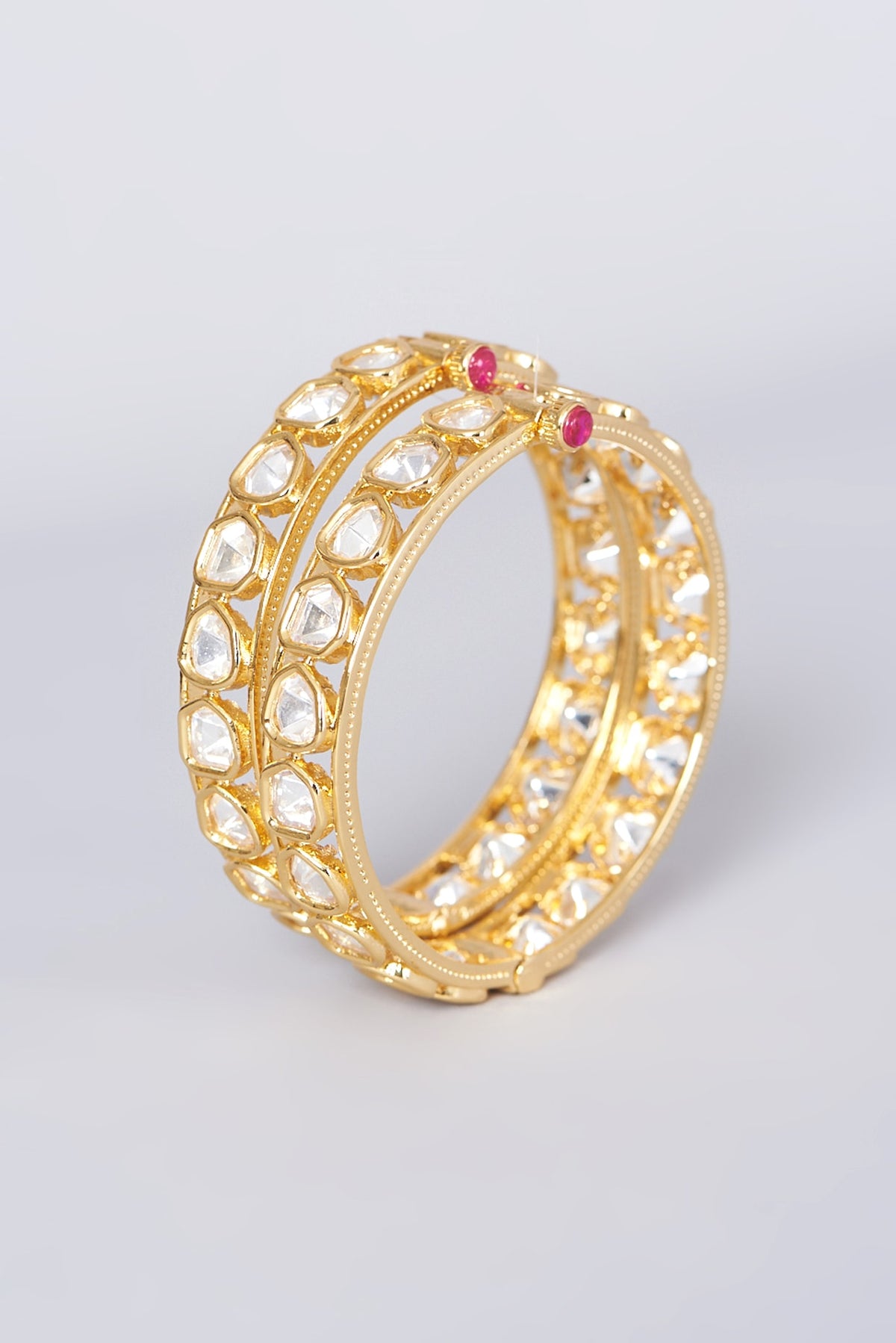 Gold Finish Kundan Polki Openable Bangles (Set of 2)