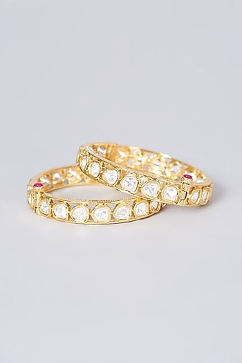 Gold Finish Kundan Polki Openable Bangles (Set of 2)