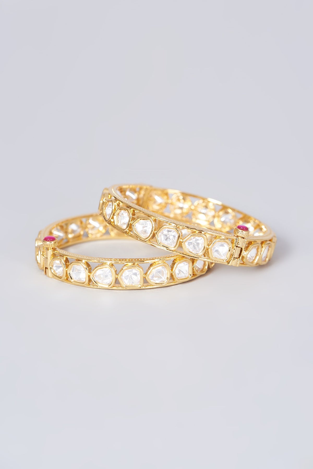 Gold Finish Kundan Polki Openable Bangles (Set of 2)