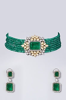 Two Tone Finish Kundan Polki & Green Beaded Choker Necklace Set