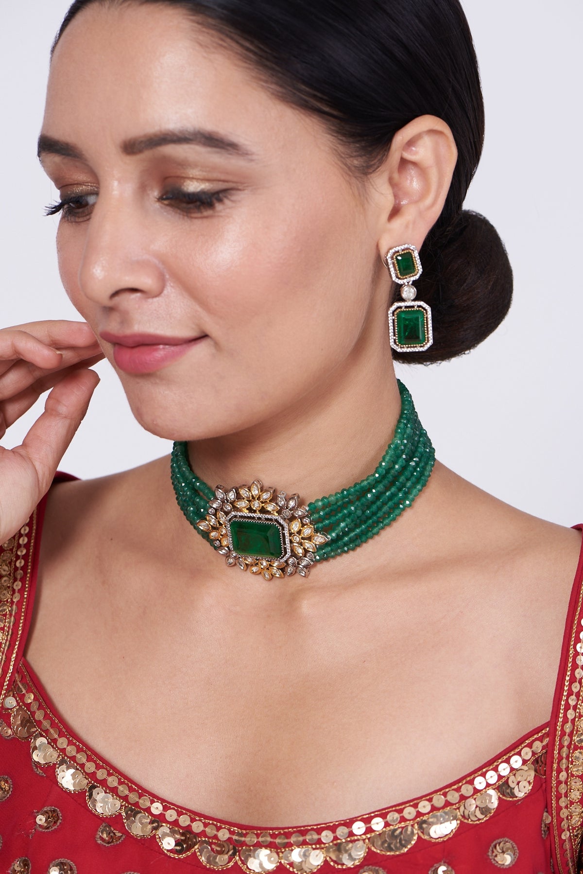 Two Tone Finish Kundan Polki & Green Beaded Choker Necklace Set