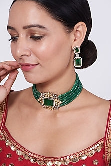 Two Tone Finish Kundan Polki & Green Beaded Choker Necklace Set