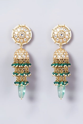 Gold Finish Kundan Polki & Green Beaded Dangler Earrings
