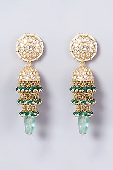 Gold Finish Kundan Polki & Green Beaded Dangler Earrings