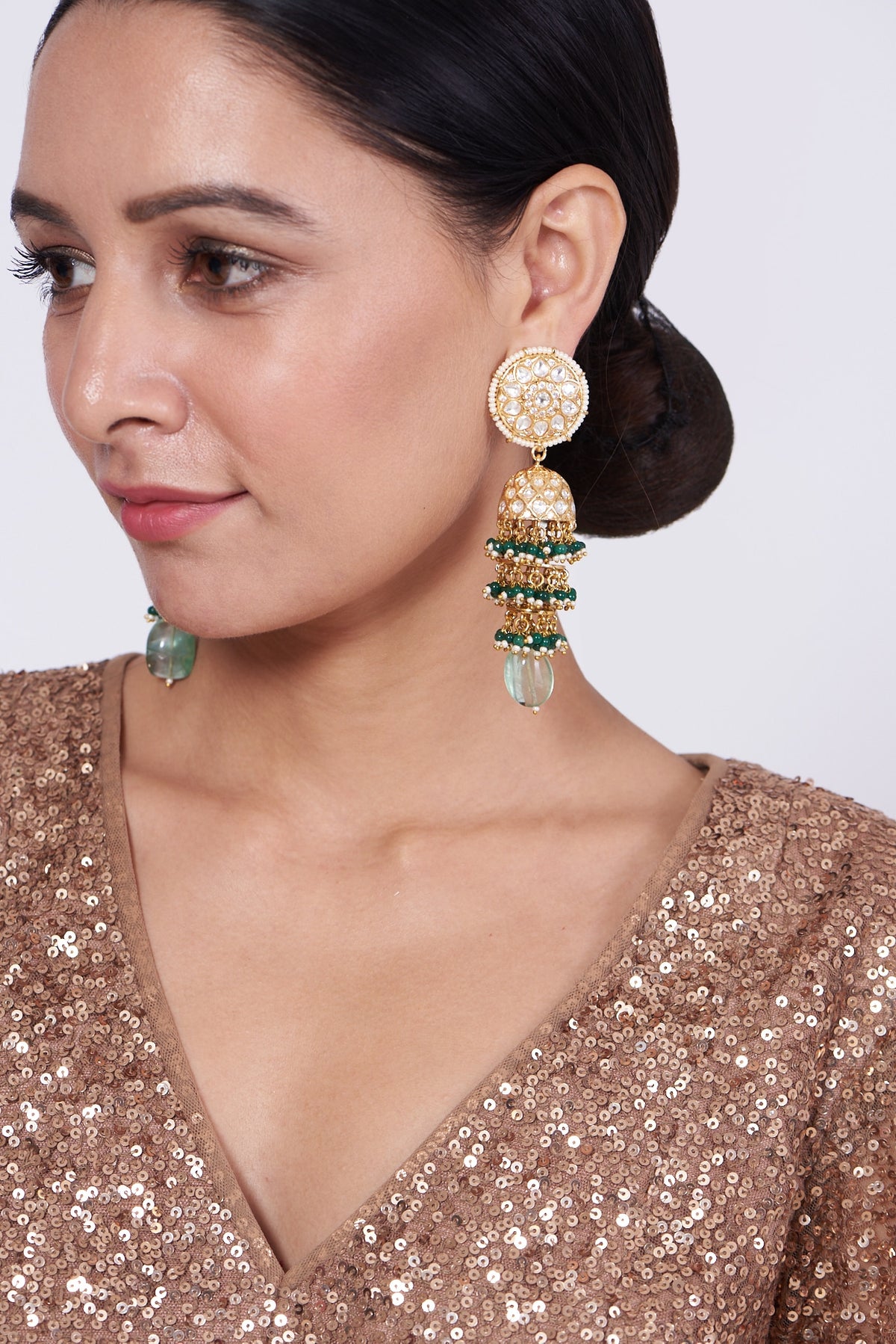 Gold Finish Kundan Polki & Green Beaded Dangler Earrings