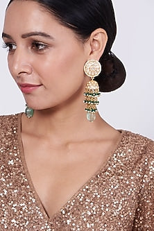 Gold Finish Kundan Polki & Green Beaded Dangler Earrings