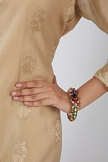 Gold Finish Kundan Polki & Synthetic Stone Bangles (Set of 2)