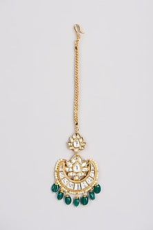 Gold Finish Kundan Polki & Green Drop Maang Tikka