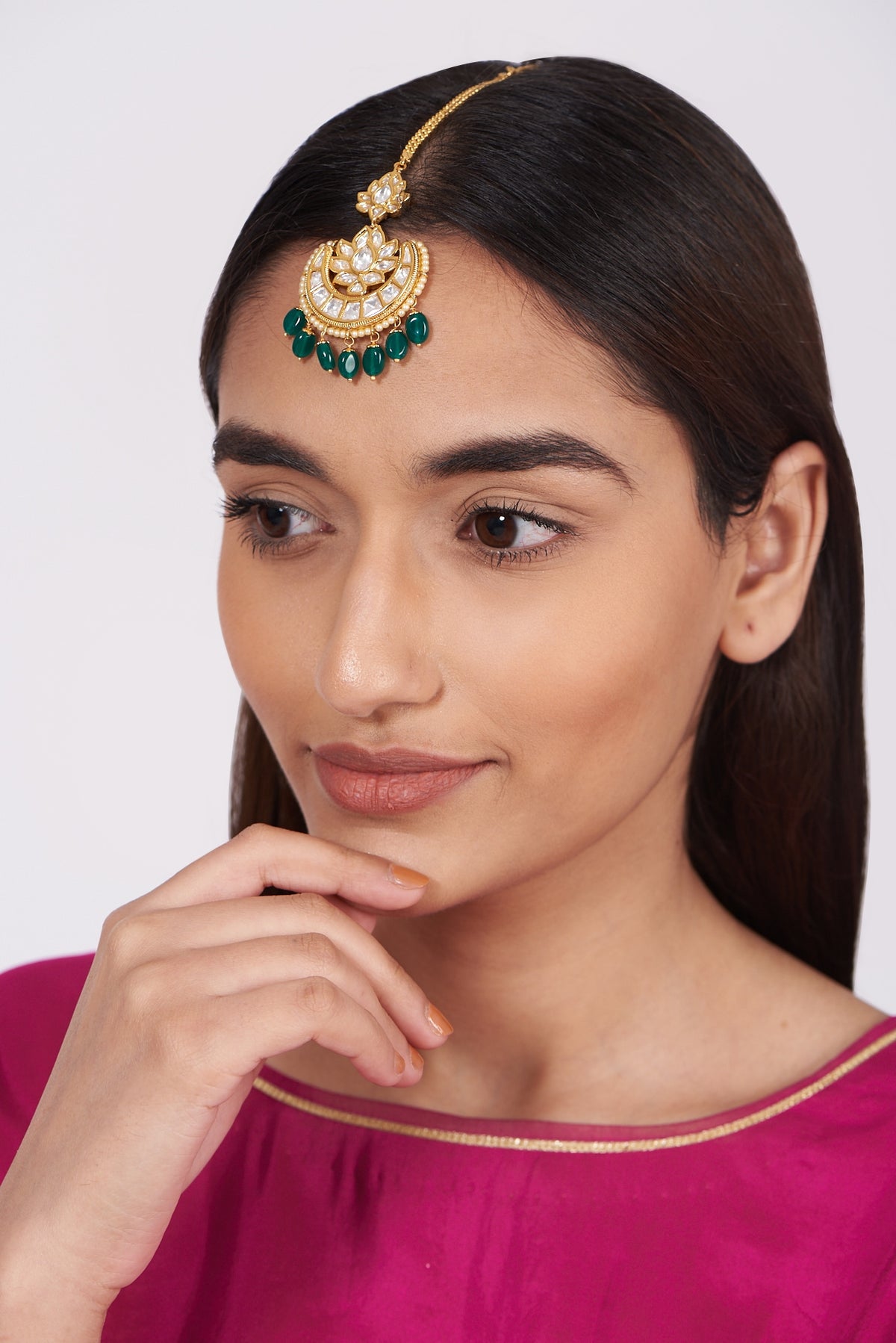 Gold Finish Kundan Polki & Green Drop Maang Tikka