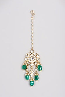 Gold Finish Kundan Polki & Green Drop Maang Tikka