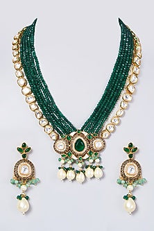 Gold Finish Kundan Polki & Green Beaded Long Necklace Set