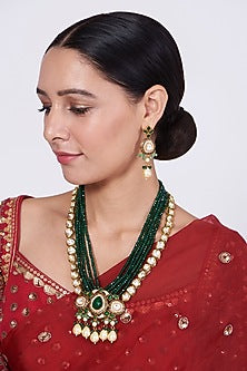 Gold Finish Kundan Polki & Green Beaded Long Necklace Set