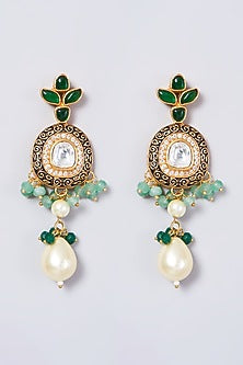Gold Finish Kundan Polki & Green Beaded Long Necklace Set