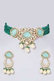 Gold Finish Kundan Polki & Sea Green Beaded Choker Necklace Set