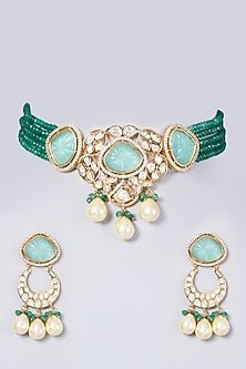 Gold Finish Kundan Polki & Sea Green Beaded Choker Necklace Set