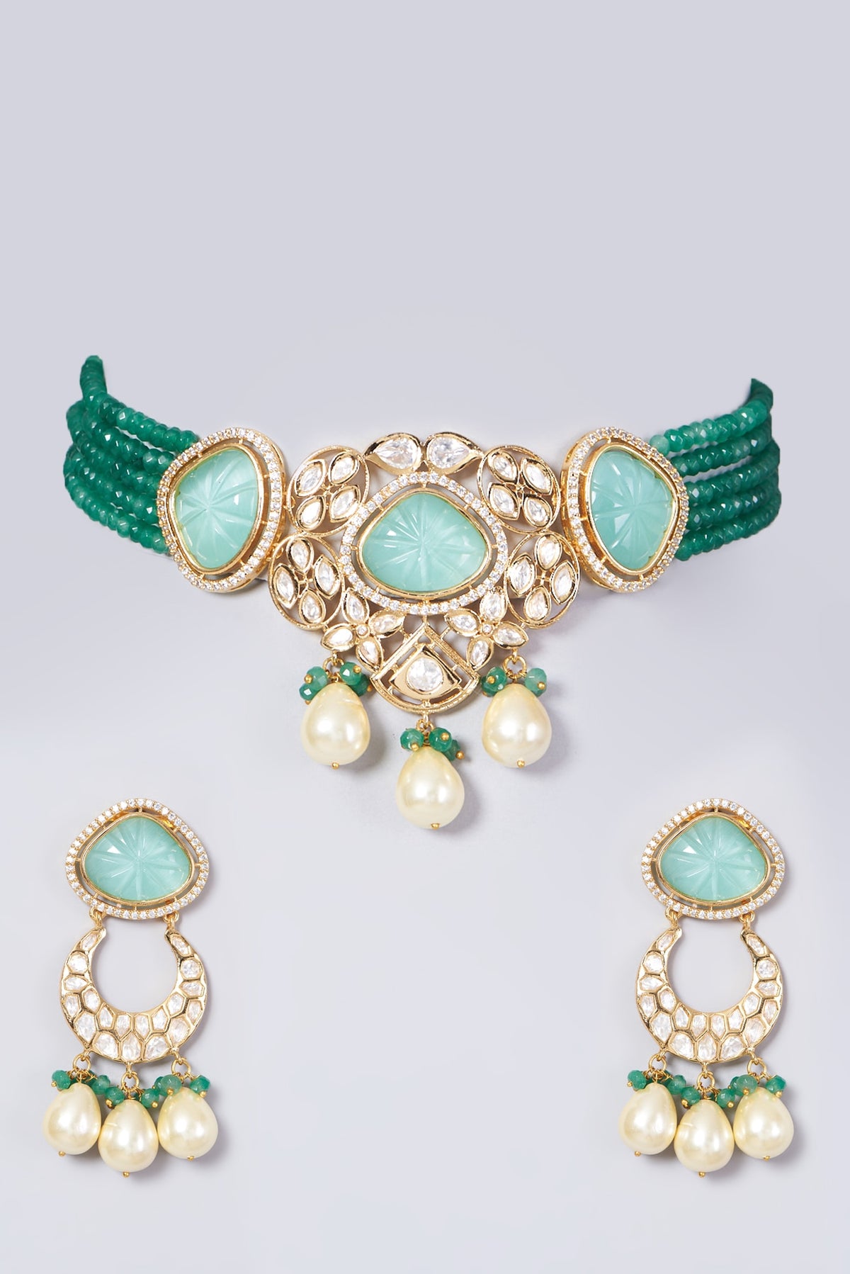 Gold Finish Kundan Polki & Sea Green Beaded Choker Necklace Set
