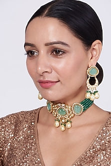 Gold Finish Kundan Polki & Sea Green Beaded Choker Necklace Set