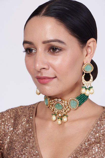 Gold Finish Kundan Polki & Sea Green Beaded Choker Necklace Set