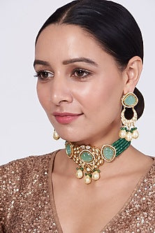 Gold Finish Kundan Polki & Sea Green Beaded Choker Necklace Set