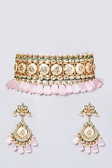 Gold Finish Kundan Polki & Pink Beaded Choker Necklace Set