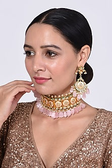 Gold Finish Kundan Polki & Pink Beaded Choker Necklace Set
