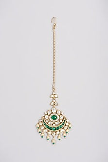 Gold Finish Kundan Polki & Green Drop Maang Tikka