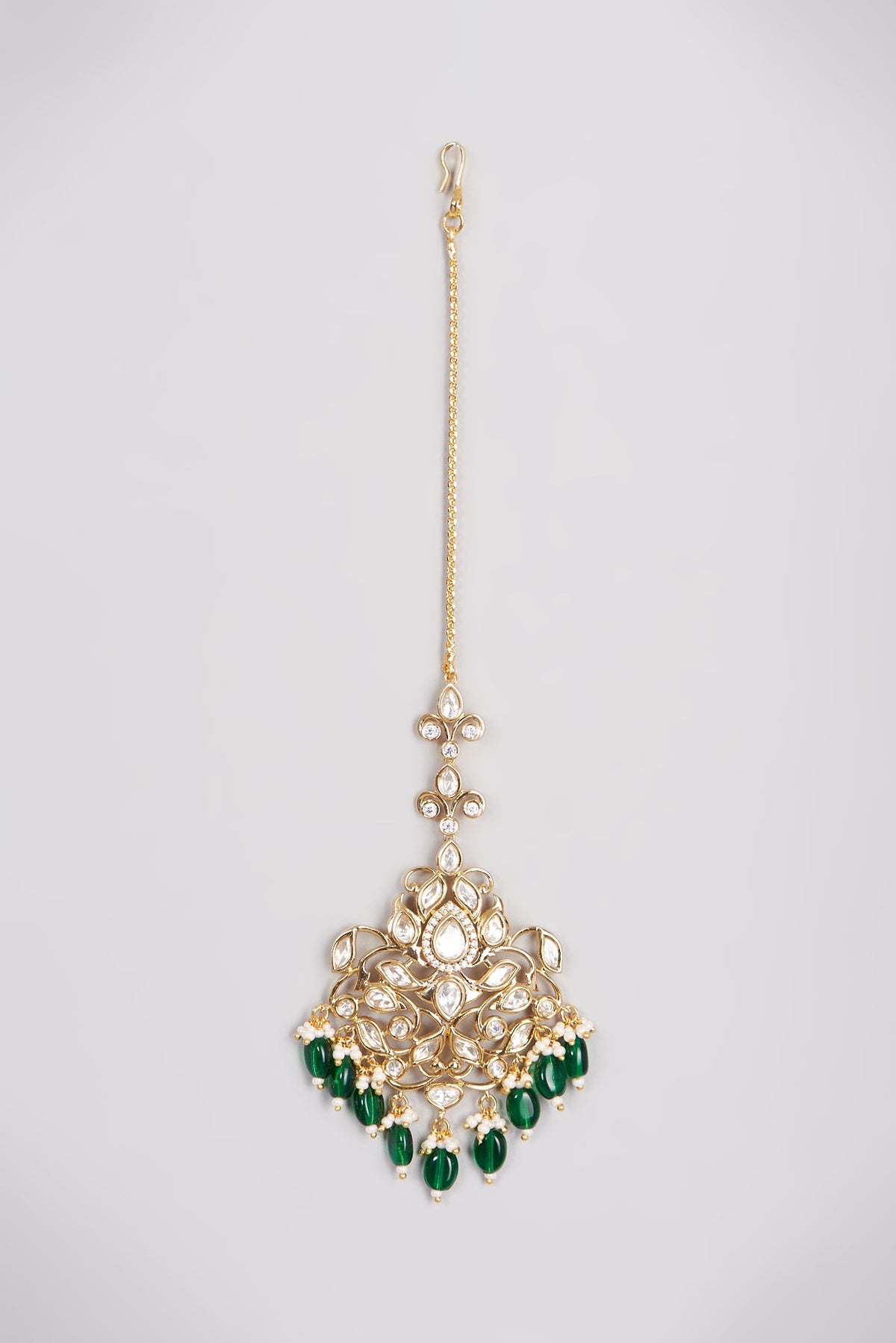 Gold Finish Kundan Polki & Green Drop Maang Tikka