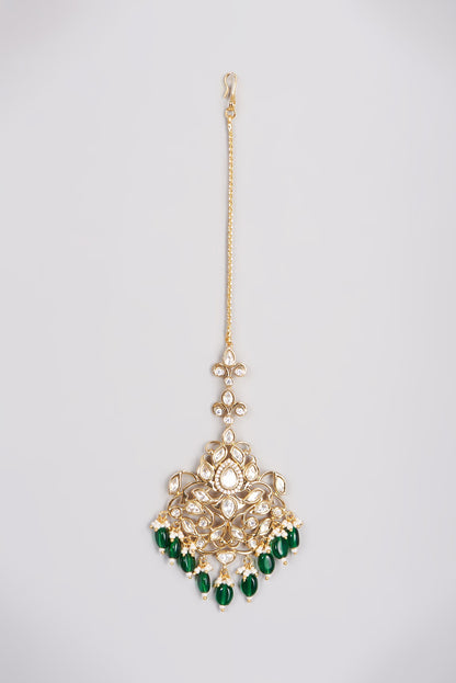 Gold Finish Kundan Polki & Green Drop Maang Tikka
