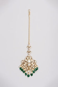Gold Finish Kundan Polki & Green Drop Maang Tikka