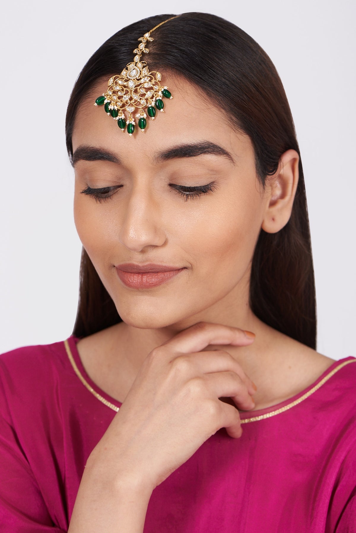 Gold Finish Kundan Polki & Green Drop Maang Tikka