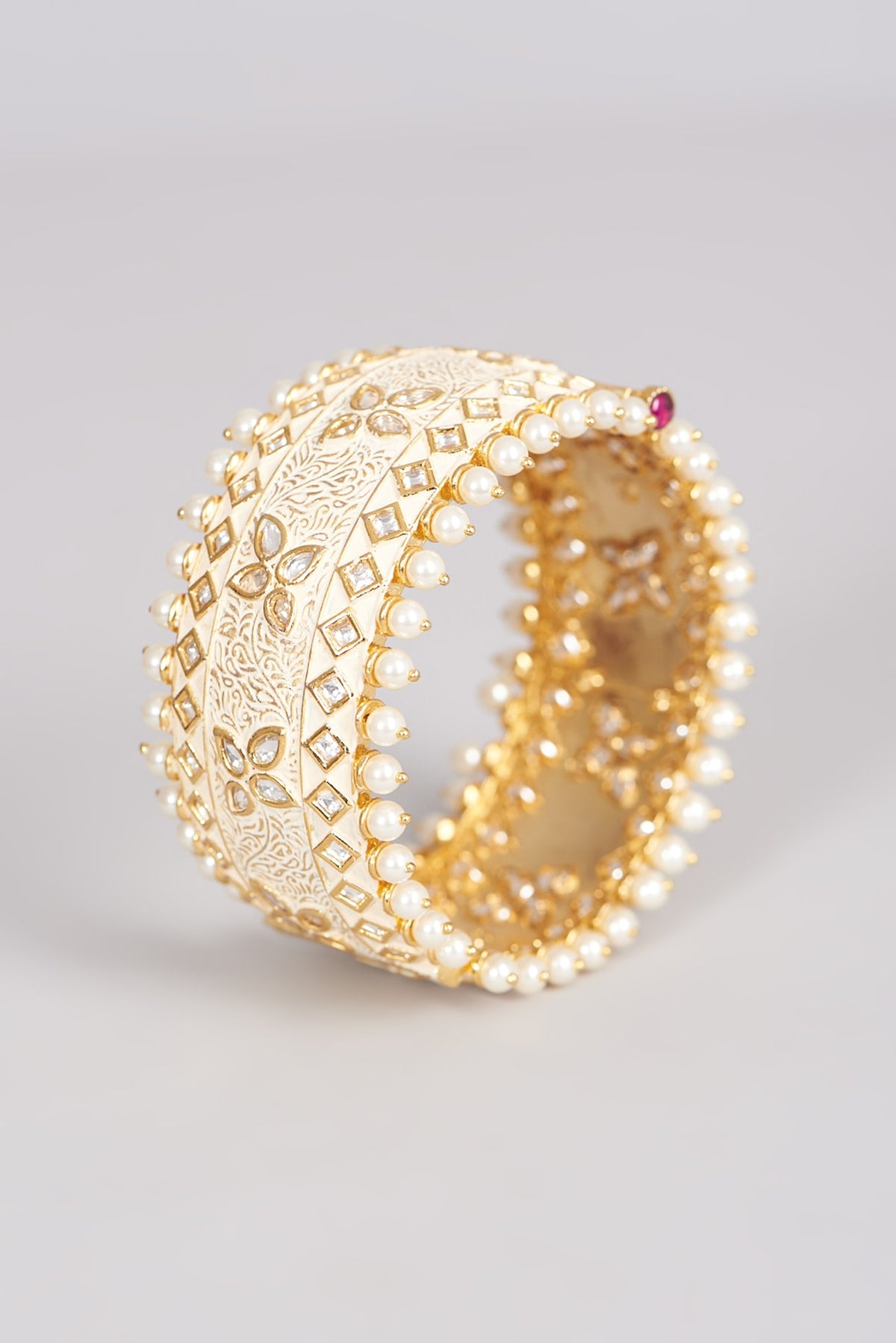 Gold Finish Kundan Polki & Pearl Bangle