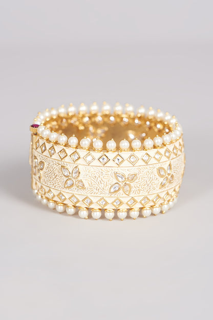 Gold Finish Kundan Polki & Pearl Bangle