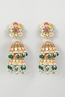 Gold Finish Kundan Polki & Green Stone Jhumka Earrings