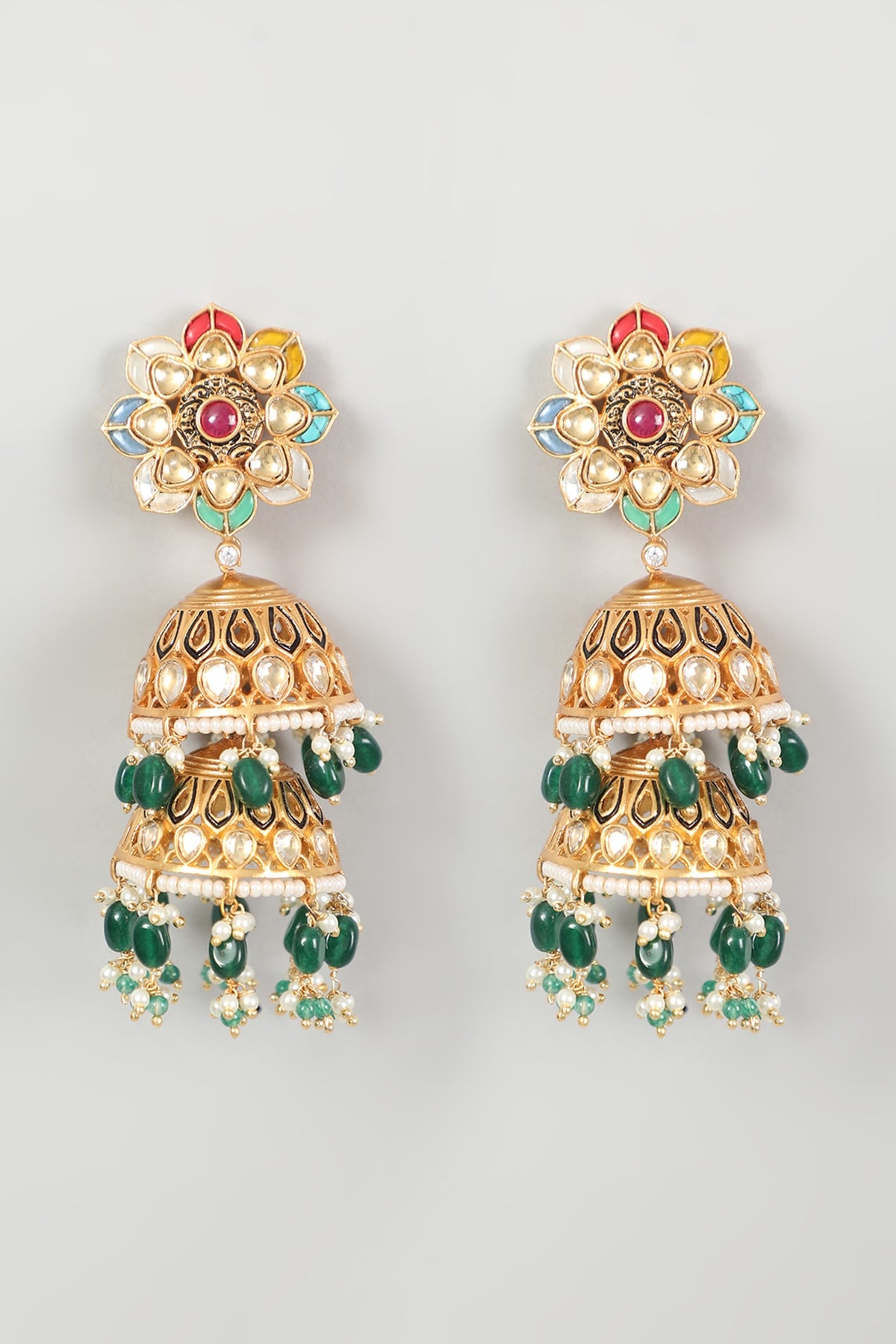 Gold Finish Kundan Polki & Green Stone Jhumka Earrings