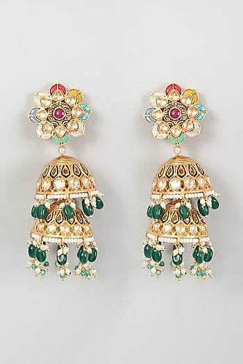 Gold Finish Kundan Polki & Green Stone Jhumka Earrings