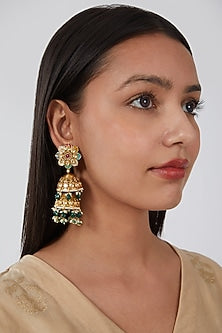 Gold Finish Kundan Polki & Green Stone Jhumka Earrings