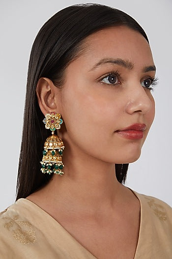 Gold Finish Kundan Polki & Green Stone Jhumka Earrings