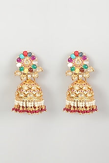 Gold Finish Kundan Polki & Pearl Jhumka Earrings