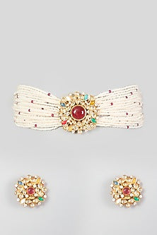 Gold Finish Pearl & Kundan Polki Choker Necklace Set