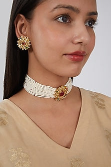 Gold Finish Pearl & Kundan Polki Choker Necklace Set