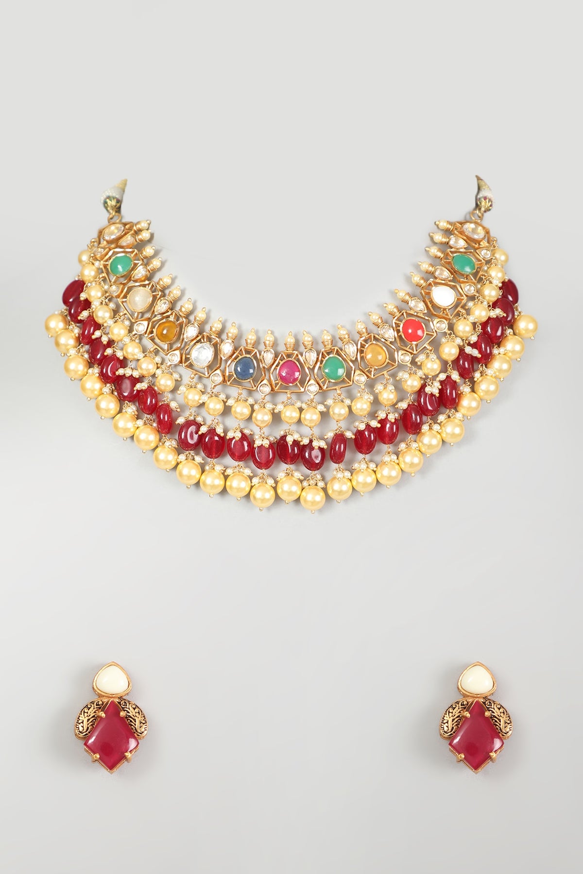 Gold Finish Kundan Polki & Multi-Colored Stone Necklace Set